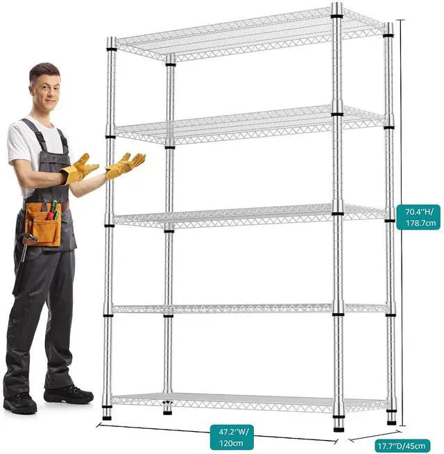 Alt view image 3 of 7 - M 5 Tiers Shelf Metal Storage Shelves 3300 lbs Steel Storage Shelving Utility Shelving Unit Steel Organizer Wire Rack for Home,Kitchen,Office,Garage Chrome 17.7" D x 47.2" W x 70.3" H