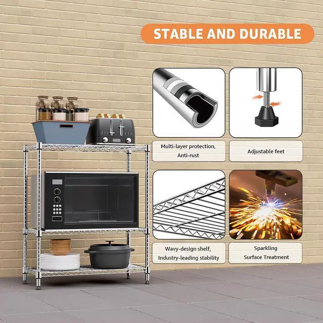 Alt view image 6 of 7 - M 750 lbs 3 Tier Storage Rack Metal Wire Shelving Unit, Storage Standing Shelf Organizer for Laundry Bathroom Kitchen Pantry Closet Garage Basement Utility Room, Chrome 13.8" D x 29.5" W x 35.5" H