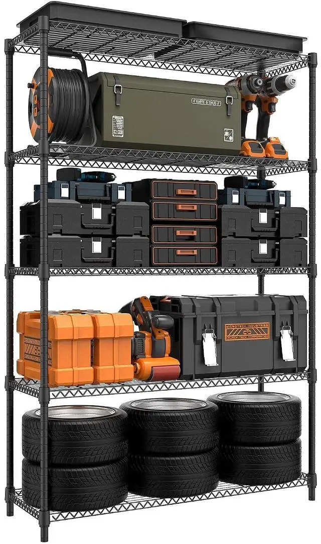 Main image of M 5 Tiers Shelf Metal Storage Shelves Standing 1750 LBs Household Shelf Organizer for Kitchen Pantry Closet Garage Basement Utility Room, Black15.7 D x 45.3" W x 70.4" H