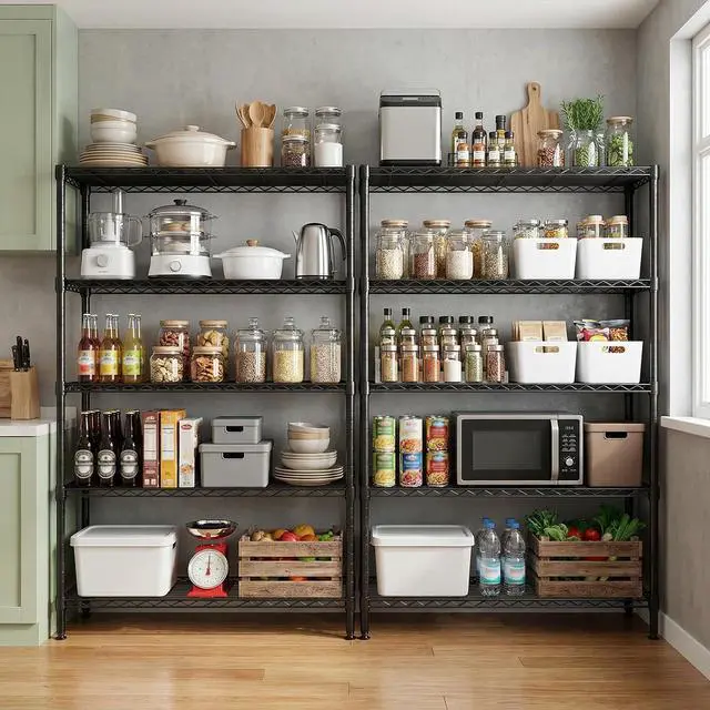 Alt view image 2 of 7 - M 5 Tiers Shelf Metal Storage Shelves Standing 1750 LBs Household Shelf Organizer for Kitchen Pantry Closet Garage Basement Utility Room, Black15.7 D x 45.3" W x 70.4" H