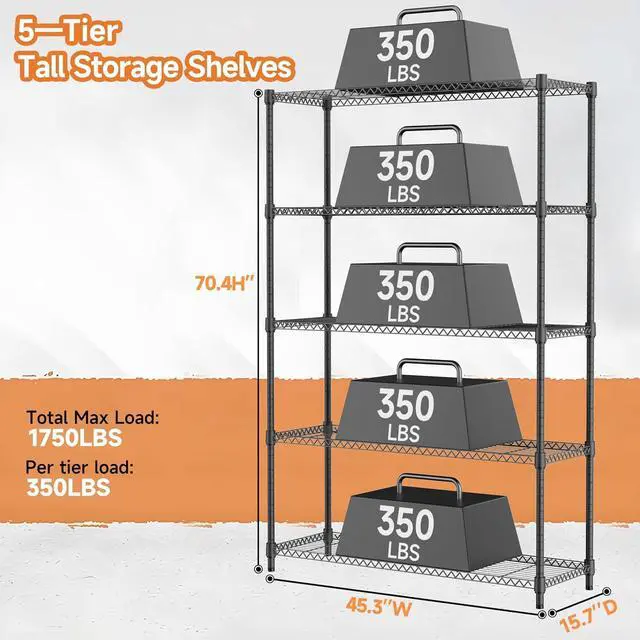 Alt view image 3 of 7 - M 5 Tiers Shelf Metal Storage Shelves Standing 1750 LBs Household Shelf Organizer for Kitchen Pantry Closet Garage Basement Utility Room, Black15.7 D x 45.3" W x 70.4" H