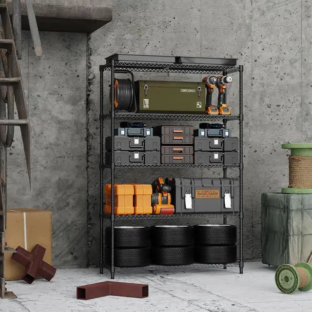 Alt view image 6 of 7 - M 5 Tiers Shelf Metal Storage Shelves Standing 1750 LBs Household Shelf Organizer for Kitchen Pantry Closet Garage Basement Utility Room, Black15.7 D x 45.3" W x 70.4" H