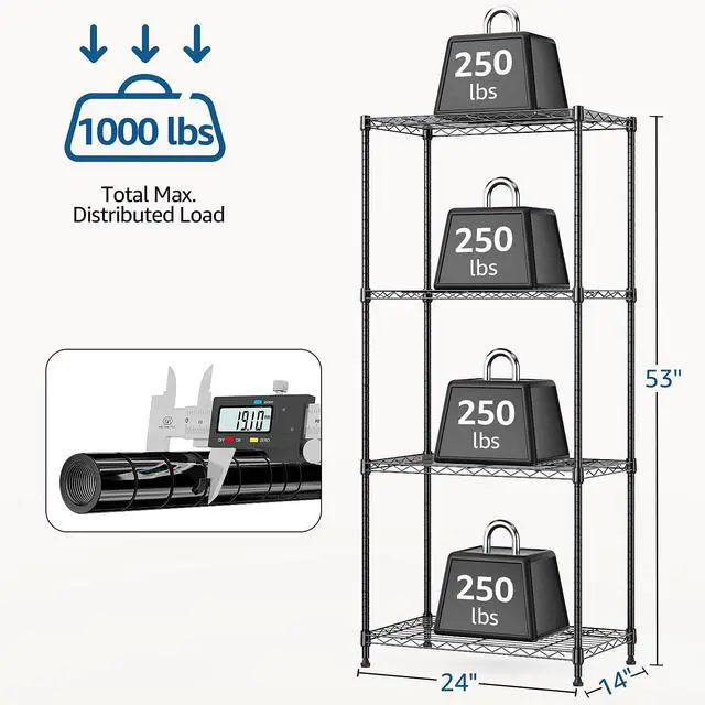 Alt view image 3 of 7 - M 1000 lbs 4Tier Shelf Metal Storage Shelves Wire Rack Closet Organizers with Wheel for Garage Kitchen Bathroom Laundry Black 13.7" D x 23.6" W x 53.4" H