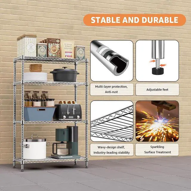 Alt view image 7 of 7 - M 5-Shelf Storage Shelves,Wire Shelving Heavy Duty Metal Storage Shelving Unit Adjustable Garage Shelving Rack Pantry Kitchen (Chrome, 4 Tier,15.8" D x 45.3" W x 59.4" H)