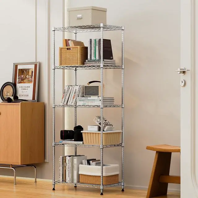 Alt view image 2 of 7 - M 1250 lbs 5 Tier Shelf Metal Storage Shelves Wire Rack Closet Organizers with Wheel for Garage Kitchen Bathroom Laundry Chrome 13.7" D x 23.6" W x 62.4" H
