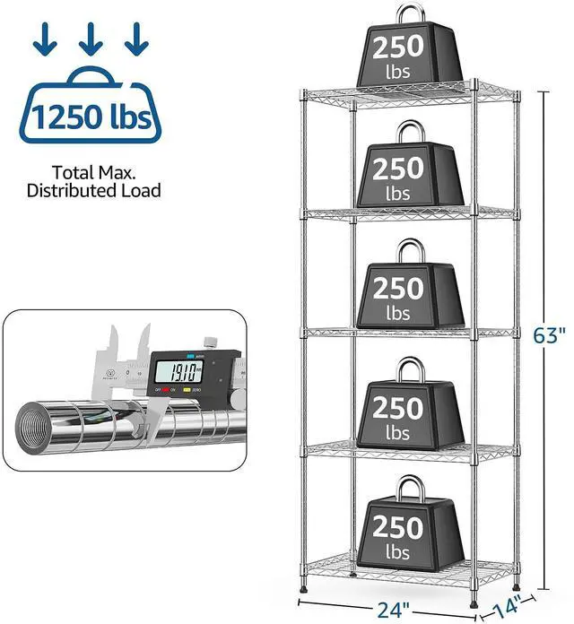 Alt view image 3 of 7 - M 1250 lbs 5 Tier Shelf Metal Storage Shelves Wire Rack Closet Organizers with Wheel for Garage Kitchen Bathroom Laundry Chrome 13.7" D x 23.6" W x 62.4" H