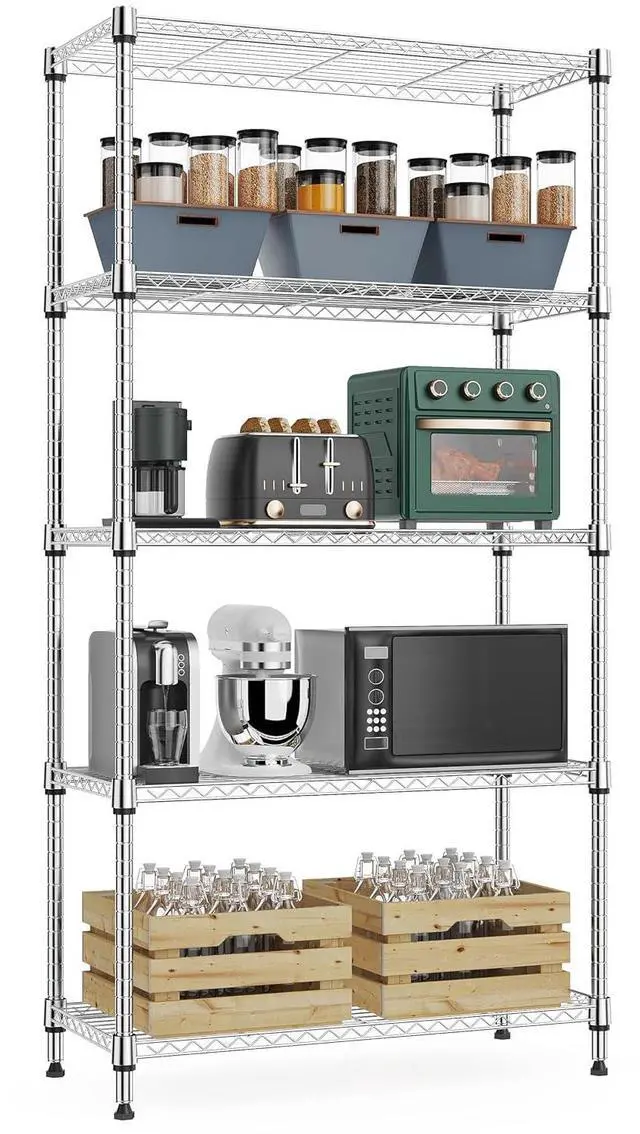 Main image of M 1250 lbs 5 Tier Shelf Metal Storage Shelves Wire Rack Closet Organizers with Wheel for Garage Kitchen Bathroom Laundry Chrome 13.7" D x 23.6" W x 62.4" H