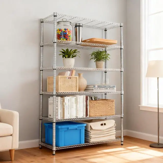 Alt view image 2 of 7 - M 2100LBS 47.2" W 6 Tiers Shelf Storage Shelves Metal Shelving Unit Heavy Duty Garage Shelving Adjustable Wire Shelves for Pantry,Kitchen,Garage,Basement,Chrome 17.7" D x 47.2" W x 82.4" H