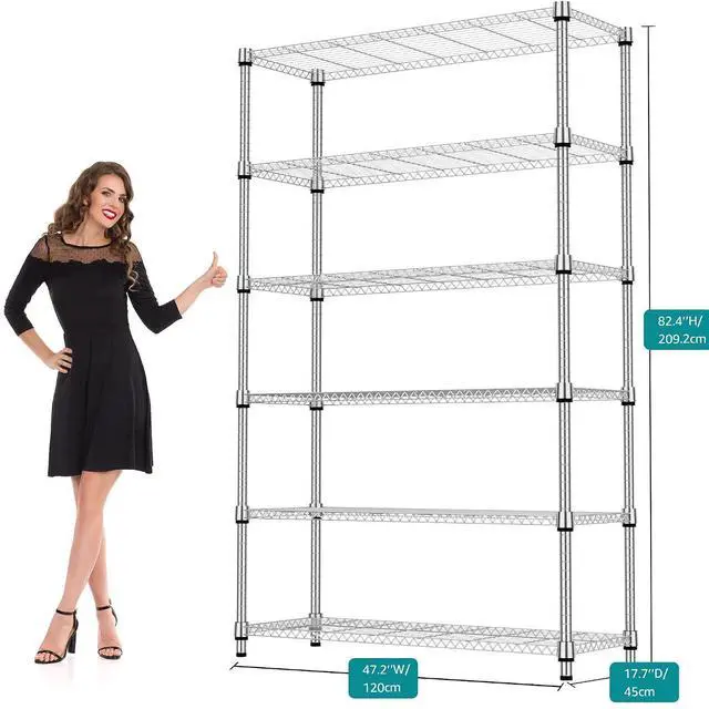 Alt view image 3 of 7 - M 2100LBS 47.2" W 6 Tiers Shelf Storage Shelves Metal Shelving Unit Heavy Duty Garage Shelving Adjustable Wire Shelves for Pantry,Kitchen,Garage,Basement,Chrome 17.7" D x 47.2" W x 82.4" H
