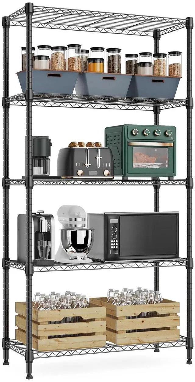 Main image of M 1250 lbs 5 Tier Shelf Metal Storage Shelves Wire Rack Closet Organizers with Wheel for Garage Kitchen Bathroom Laundry Black 13.7" D x 23.6" W x 62.4" H