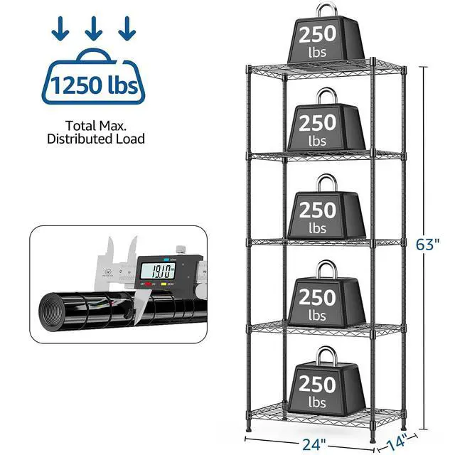 Alt view image 3 of 7 - M 1250 lbs 5 Tier Shelf Metal Storage Shelves Wire Rack Closet Organizers with Wheel for Garage Kitchen Bathroom Laundry Black 13.7" D x 23.6" W x 62.4" H