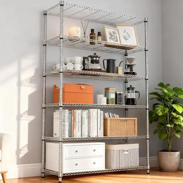 Alt view image 7 of 7 - M 2100LBS 47.2" W 6 Tiers Shelf Storage Shelves Metal Shelving Unit Heavy Duty Garage Shelving Adjustable Wire Shelves for Pantry,Kitchen,Garage,Basement,Chrome 17.7" D x 47.2" W x 82.4" H