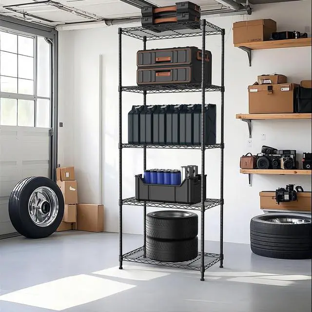 Alt view image 7 of 7 - M 1250 lbs 5 Tier Shelf Metal Storage Shelves Wire Rack Closet Organizers with Wheel for Garage Kitchen Bathroom Laundry Black 13.7" D x 23.6" W x 62.4" H
