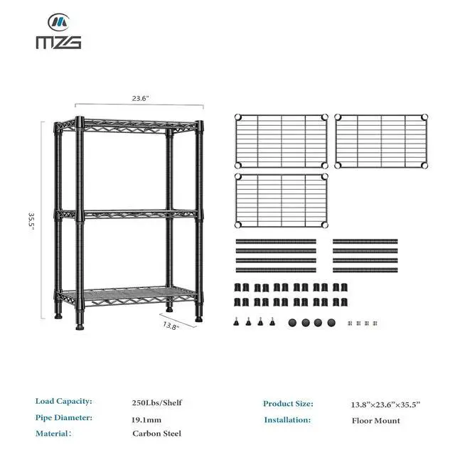 Alt view image 3 of 7 - M 750 lbs 3 Tier Shelf Metal Storage Shelves Shelving Wire Rack Heavy Duty Closet Organizers for Garage Kitchen Bathroom Laundry Black 13.8" D x 23.6" W x 35.5" H