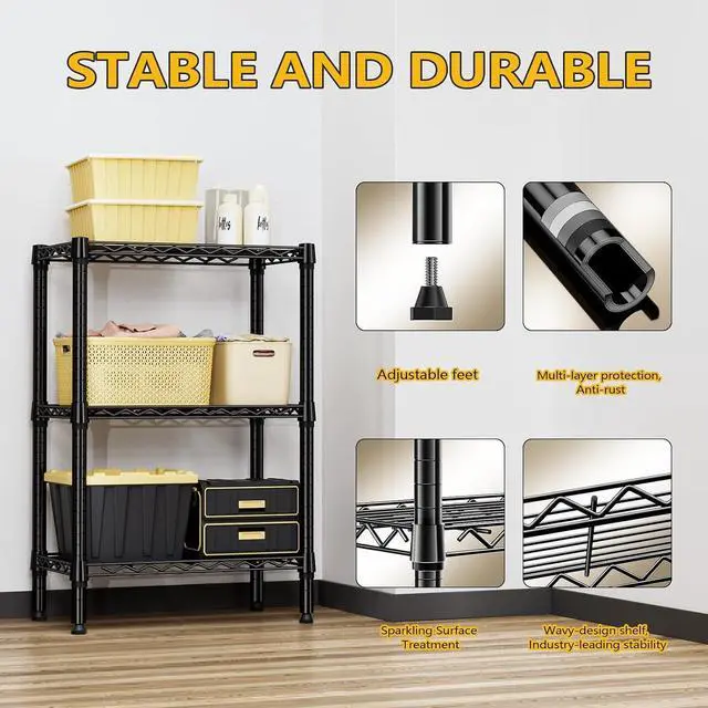 Alt view image 7 of 7 - M 750 lbs 3 Tier Shelf Metal Storage Shelves Shelving Wire Rack Heavy Duty Closet Organizers for Garage Kitchen Bathroom Laundry Black 13.8" D x 23.6" W x 35.5" H