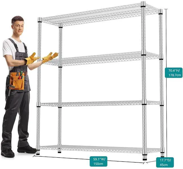 Alt view image 3 of 7 - M 4 Tiers Shelf 2640 lbs Steel Storage Shelving Utility Shelving Unit Steel Organizer Wire Rack for Home,Kitchen,Office,Garage Chrome 17.7" D x 47.2" W x 70.3" H