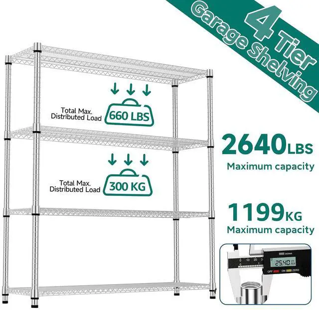 Alt view image 7 of 7 - M 4 Tiers Shelf 2640 lbs Steel Storage Shelving Utility Shelving Unit Steel Organizer Wire Rack for Home,Kitchen,Office,Garage Chrome 17.7" D x 47.2" W x 70.3" H