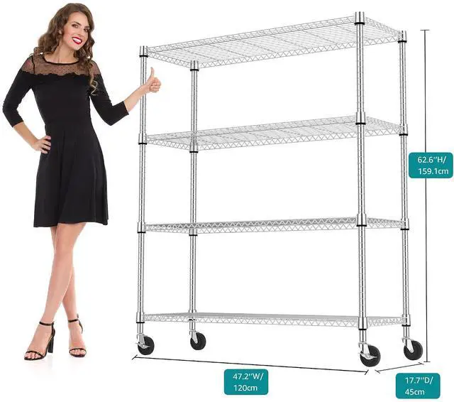 Alt view image 3 of 7 - M 1400LBS 47.2" W 4 Tiers Storage Shelves Metal Shelving Unit with Wheels Heavy Duty Garage Shelving Adjustable Wire Shelves for Pantry,Kitchen,Garage,Basement,Chrome 17.7" D x 47.2" W x 62.6" H