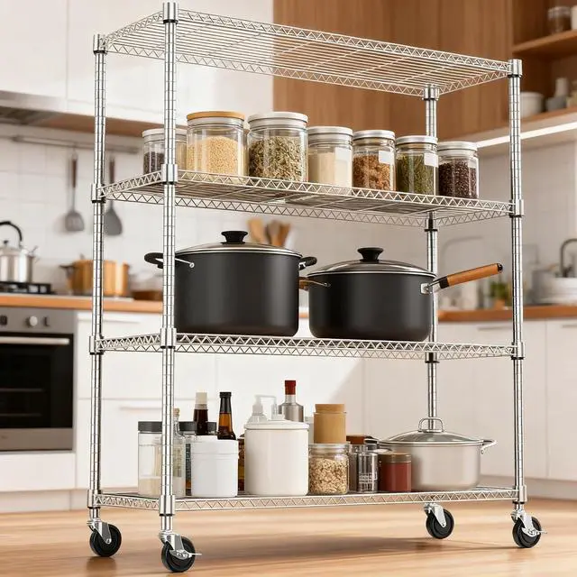 Alt view image 2 of 7 - M 1400LBS 47.2" W 4 Tiers Storage Shelves Metal Shelving Unit with Wheels Heavy Duty Garage Shelving Adjustable Wire Shelves for Pantry,Kitchen,Garage,Basement,Chrome 17.7" D x 47.2" W x 62.6" H