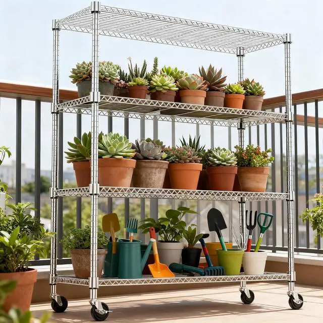 Alt view image 5 of 7 - M 1400LBS 47.2" W 4 Tiers Storage Shelves Metal Shelving Unit with Wheels Heavy Duty Garage Shelving Adjustable Wire Shelves for Pantry,Kitchen,Garage,Basement,Chrome 17.7" D x 47.2" W x 62.6" H