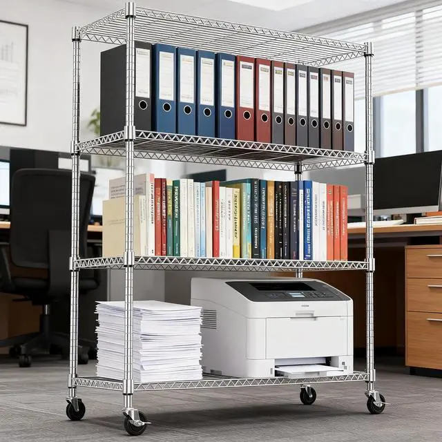 Alt view image 6 of 7 - M 1400LBS 47.2" W 4 Tiers Storage Shelves Metal Shelving Unit with Wheels Heavy Duty Garage Shelving Adjustable Wire Shelves for Pantry,Kitchen,Garage,Basement,Chrome 17.7" D x 47.2" W x 62.6" H