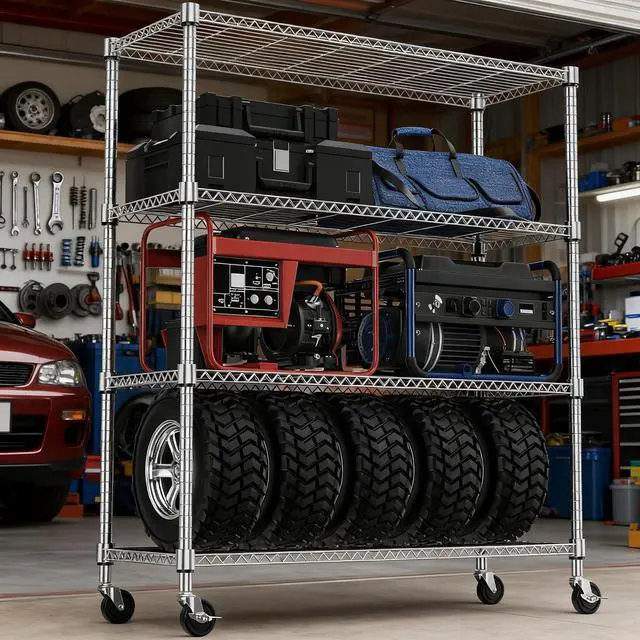 Alt view image 7 of 7 - M 1400LBS 47.2" W 4 Tiers Storage Shelves Metal Shelving Unit with Wheels Heavy Duty Garage Shelving Adjustable Wire Shelves for Pantry,Kitchen,Garage,Basement,Chrome 17.7" D x 47.2" W x 62.6" H
