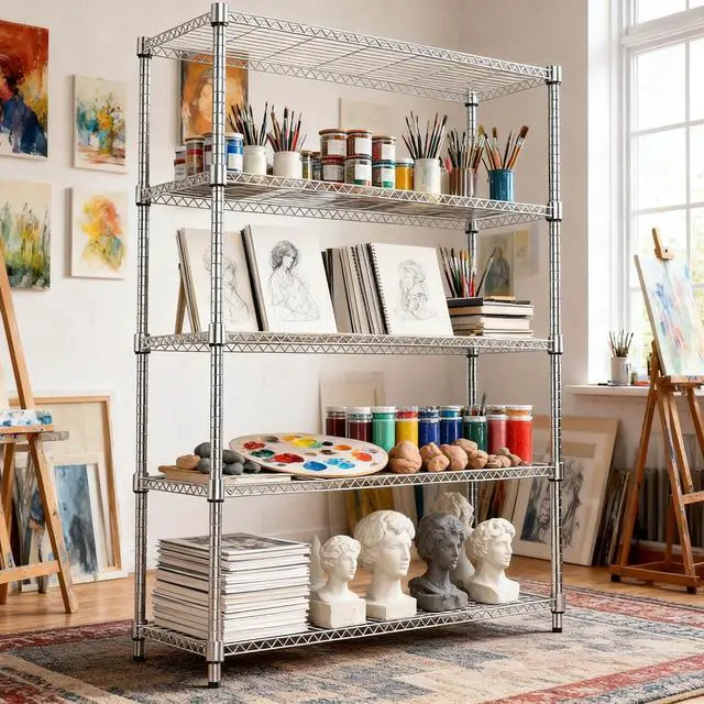 Alt view image 7 of 7 - M 1750LBS 47.2" W 5 Tiers Shelf Steel Storage Shelves Metal Shelving Unit Steel Organizer Wire Rack for Home,Kitchen,Office,Garage Chrome 17.7" D x 47.2" W x 72.4" H