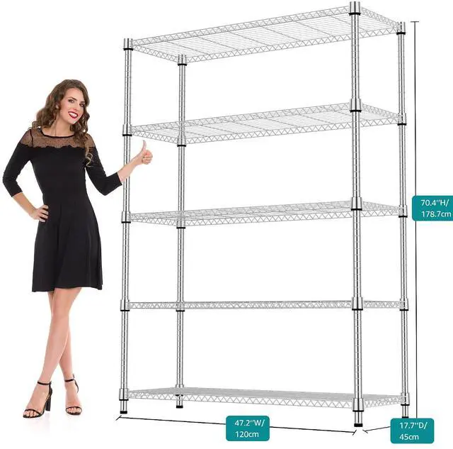Alt view image 3 of 7 - M 1750LBS 47.2" W 5 Tiers Shelf Steel Storage Shelves Metal Shelving Unit Steel Organizer Wire Rack for Home,Kitchen,Office,Garage Chrome 17.7" D x 47.2" W x 72.4" H