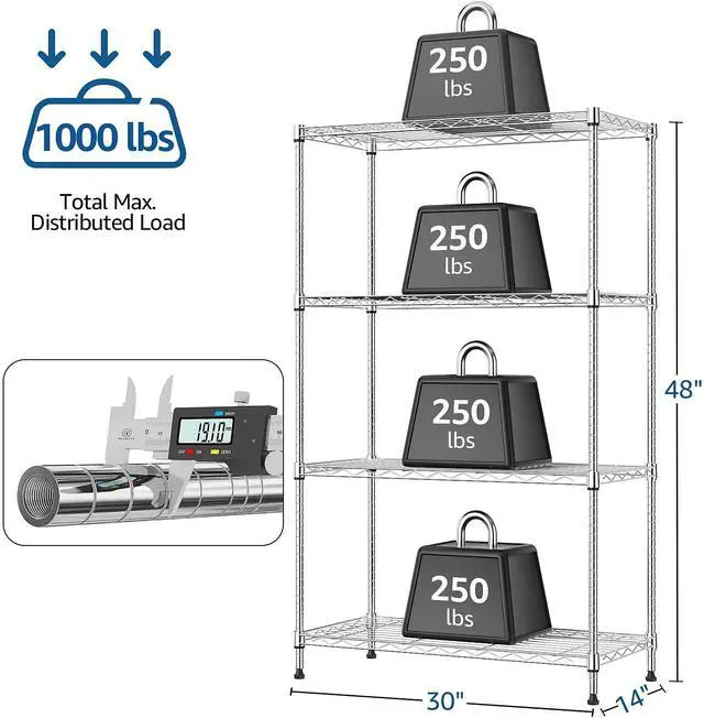 Alt view image 3 of 7 - M 1000 lbs 4Tier Shelf Metal Storage Shelves Wire Rack Closet Organizers with Wheel for Garage Kitchen Bathroom Laundry Chrome 13.7" D x 29.5" W x 47.2" H