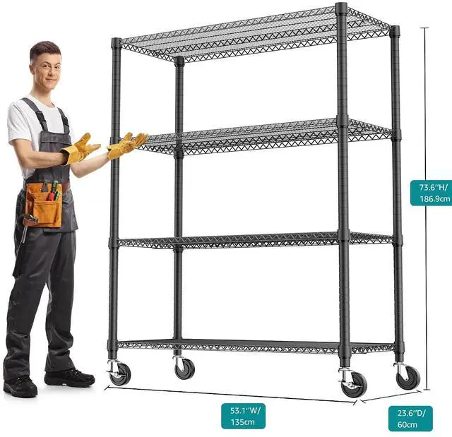 Alt view image 3 of 7 - M 2640LBS 53.1" W 4 Tiers Shelf Steel Storage Shelves Shelving Unit Steel Organizer Wire Rack for Home,Kitchen,Office,Garage Black 23.6" D x 53.1" W x 73.6" H