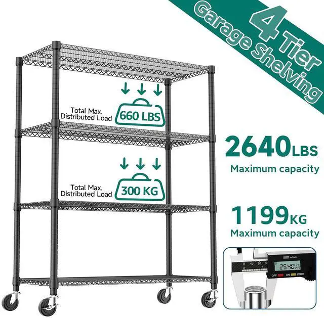 Alt view image 7 of 7 - M 2640LBS 53.1" W 4 Tiers Shelf Steel Storage Shelves Shelving Unit Steel Organizer Wire Rack for Home,Kitchen,Office,Garage Black 23.6" D x 53.1" W x 73.6" H