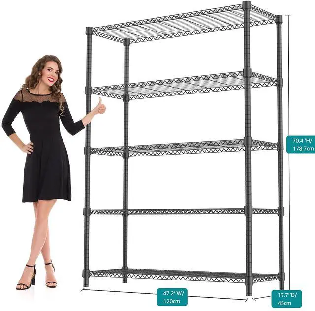 Alt view image 3 of 7 - M 1750LBS 47.2" W 5 Tiers Shelf Steel Storage Shelves Shelving Unit Steel Organizer Wire Rack for Home,Kitchen,Office,Garage Black 17.7" D x 47.2" W x 72.4" H