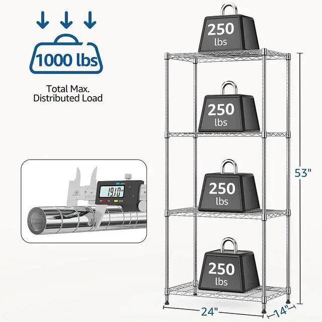 Alt view image 3 of 7 - M 1000 lbs 4Tier Shelf Metal Storage Shelves Wire Rack Closet Organizers with Wheel for Garage Kitchen Bathroom Laundry Chrome 13.7" D x 23.6" W x 53.4" H