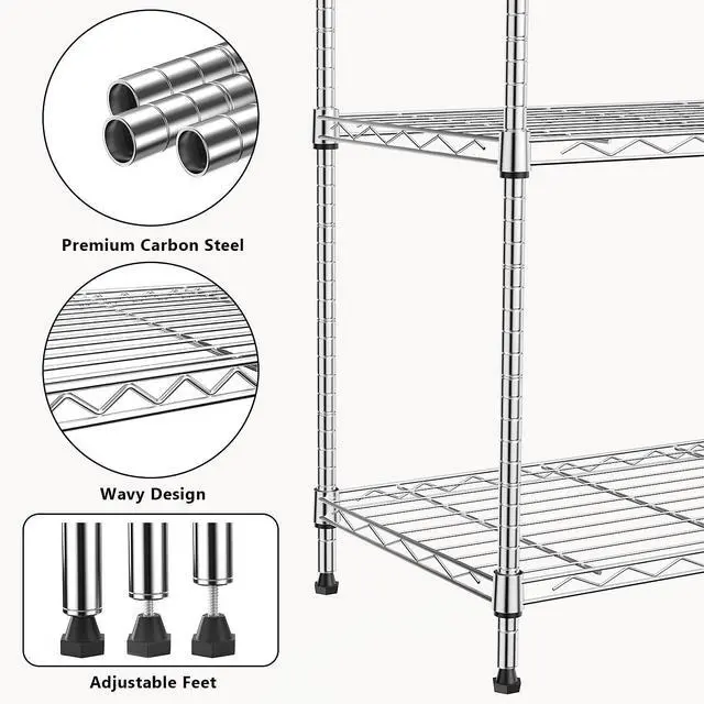 Alt view image 5 of 7 - M 1250 lbs 5 Tier Shelf Metal Storage Shelves Wire Rack Closet Organizers with Wheel for Garage Kitchen Bathroom Laundry Chrome 13.7" D x 23.6" W x 62.4" H