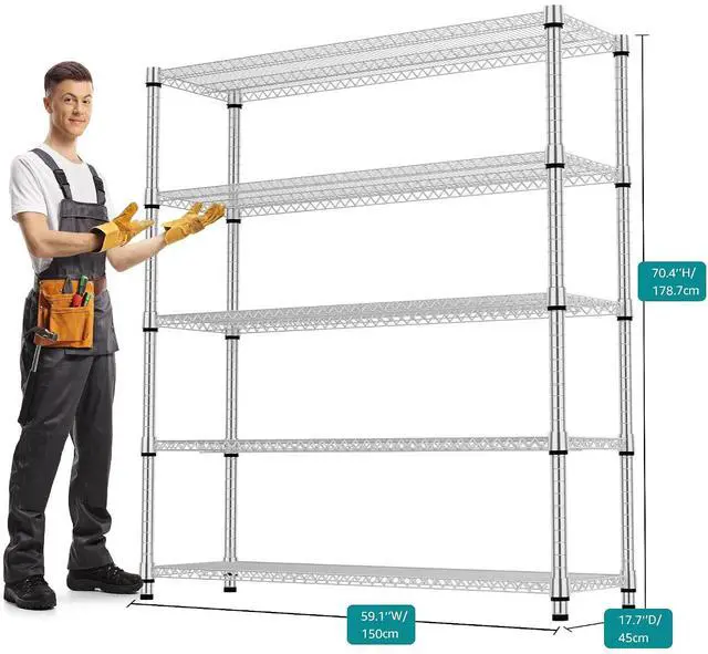 Alt view image 3 of 7 - M 5 Tiers Shelf 3300 lbs Steel Storage Shelving Utility Shelving Unit Steel Organizer Wire Rack for Home,Kitchen,Office,Garage Chrome 17.7" D x 59.1" W x 70.3" H