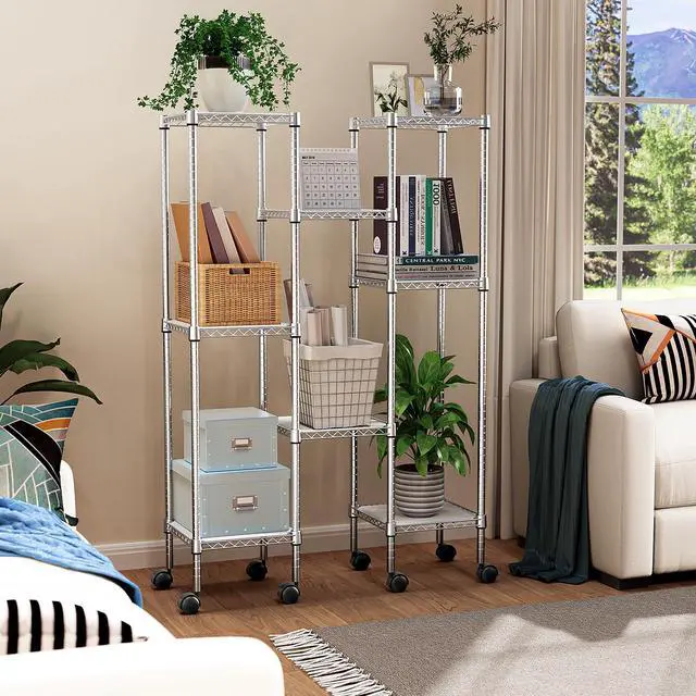 Alt view image 2 of 7 - M Storage Shelves Adjustable, 4 Tier Shelving Units for Storage with Wheels, Corrosion Resistant Wire Shelving Unit for Kitchen Closet Bathroom Office, Chrome 11.8" D x 11.8" W x 48.1" H