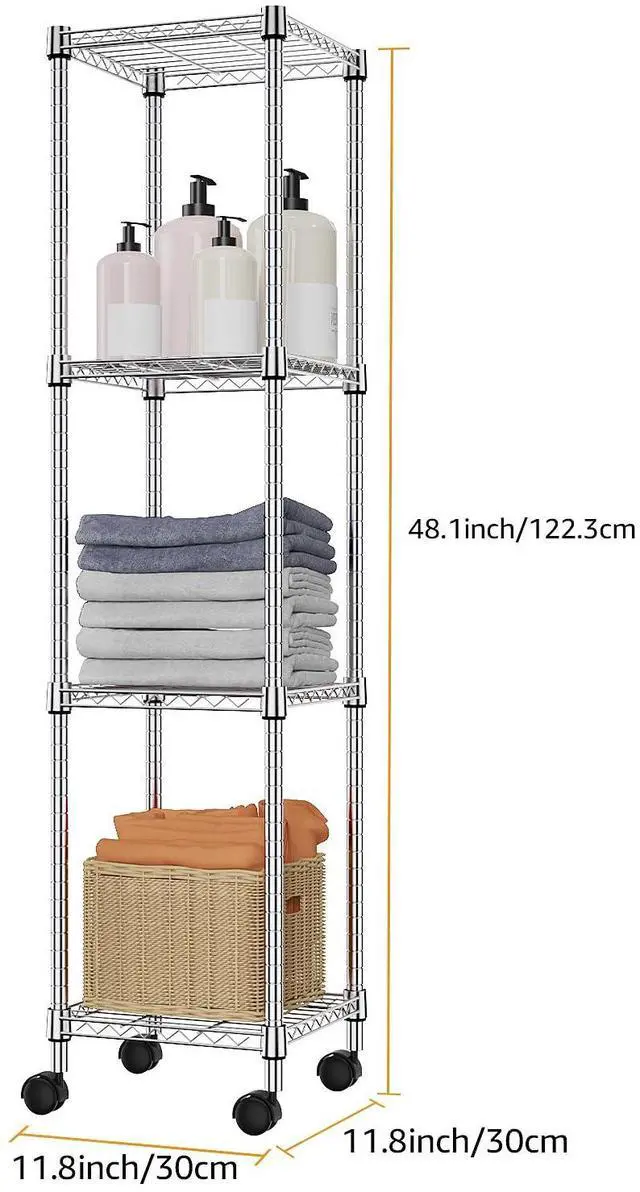 Alt view image 3 of 7 - M Storage Shelves Adjustable, 4 Tier Shelving Units for Storage with Wheels, Corrosion Resistant Wire Shelving Unit for Kitchen Closet Bathroom Office, Chrome 11.8" D x 11.8" W x 48.1" H