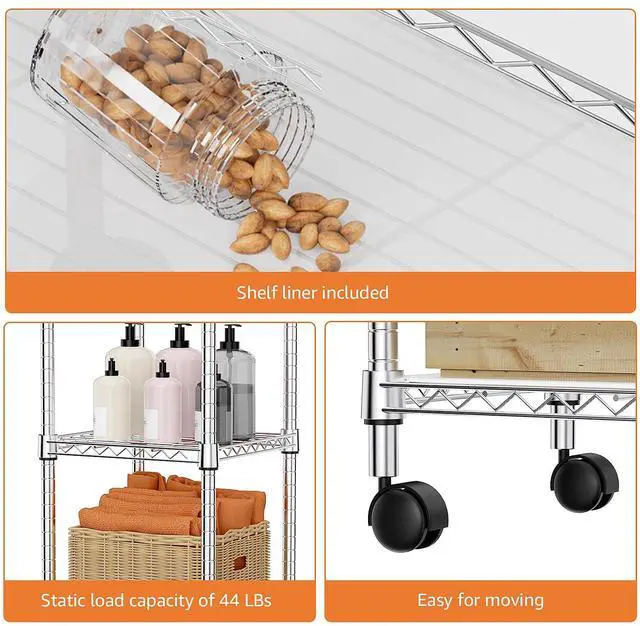 Alt view image 4 of 7 - M Storage Shelves Adjustable, 4 Tier Shelving Units for Storage with Wheels, Corrosion Resistant Wire Shelving Unit for Kitchen Closet Bathroom Office, Chrome 11.8" D x 11.8" W x 48.1" H
