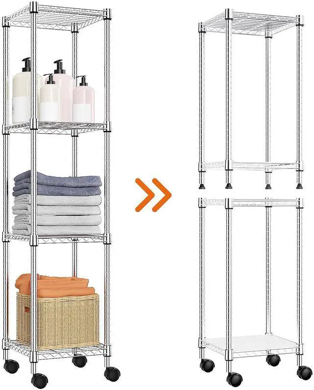Alt view image 6 of 7 - M Storage Shelves Adjustable, 4 Tier Shelving Units for Storage with Wheels, Corrosion Resistant Wire Shelving Unit for Kitchen Closet Bathroom Office, Chrome 11.8" D x 11.8" W x 48.1" H