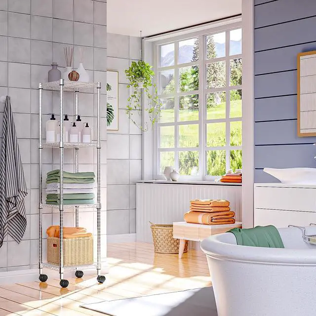 Alt view image 7 of 7 - M Storage Shelves Adjustable, 4 Tier Shelving Units for Storage with Wheels, Corrosion Resistant Wire Shelving Unit for Kitchen Closet Bathroom Office, Chrome 11.8" D x 11.8" W x 48.1" H