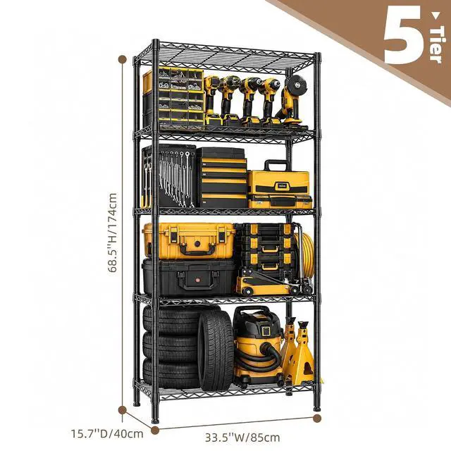 Alt view image 3 of 7 - M 5-Shelf Heavy Duty Garage Shelving Wire Adjustable Storage Rack for Kitchen Laundry Bathroom Pantry 1250 lbs Capacity Black 15.8 x 33.5 x 68.5 Inch