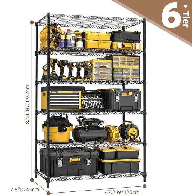 Alt view image 3 of 6 - M 6-Shelf Heavy Duty Garage Shelving Wire Adjustable Storage Rack for Kitchen Laundry Bathroom Pantry 2100 lbs Capacity Black 17.7 x 47.3 x 82.4 Inch