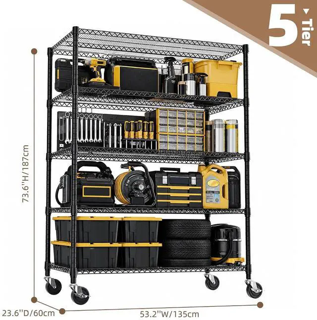 Alt view image 3 of 7 - M 5-Shelf Heavy Duty Garage Shelving Wire Adjustable Storage Rack for Kitchen Laundry Bathroom Pantry 3300 lbs Capacity Black 23.6 x 53.2 x 73.6 Inch