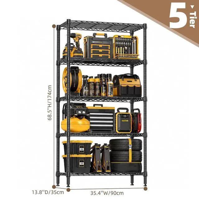 Alt view image 3 of 7 - M 5-Shelf Heavy Duty Garage Shelving Wire Adjustable Storage Rack for Kitchen Laundry Bathroom Pantry 1250 lbs Capacity Black 13.8 x 35.5 x 68.6 Inch