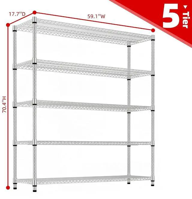 Alt view image 3 of 5 - M 5 Tiers Storage Shelves Load 3300 LBS, Metal Shelving Wire Metal Shelving Unit Shelves for Storage Adjustable Garage Shelving for Pantry Kitchen Garage Light Chrome 17.7X 59.1 x 70.4 inch