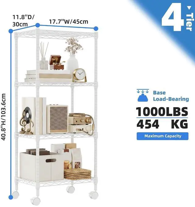 Alt view image 3 of 7 - M 4 Tiers Storage Shelves Load 1000 LBS, Metal Shelving Wire Metal Shelving Unit Shelves for Storage Adjustable Garage Shelving for Pantry Kitchen Garage White 11.8X 17.7 x 40.8 inch