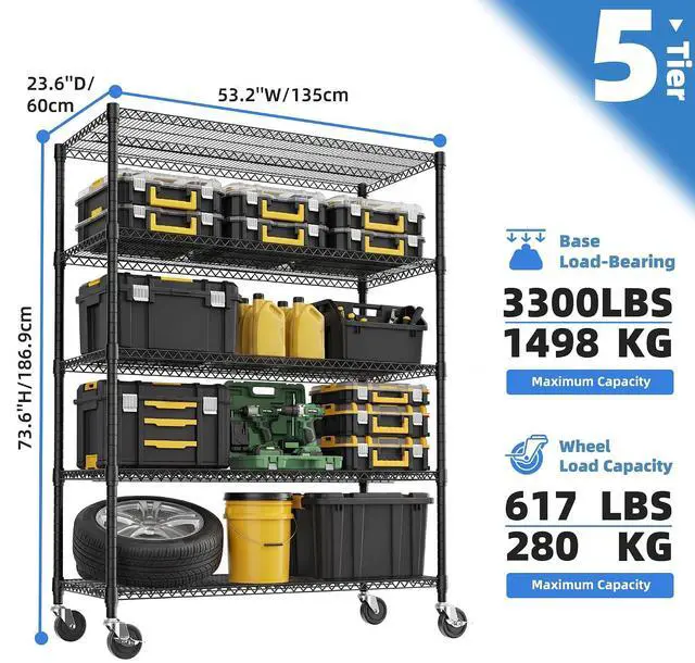 Alt view image 3 of 7 - M 5 Tiers Storage Shelves Load 3300 LBS, Metal Shelving Wire Metal Shelving Unit Shelves for Storage Adjustable Garage Shelving for Pantry Kitchen Garage Black 23.6X 53.2 x 73.6 inch