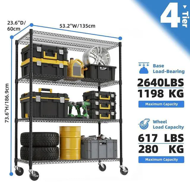 Alt view image 3 of 7 - M 4 Tiers Storage Shelves Load 2640 LBS, Metal Shelving Wire Metal Shelving Unit Shelves for Storage Adjustable Garage Shelving for Pantry Kitchen Garage Black 23.6X 53.2 x 73.6 inch