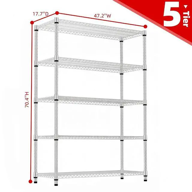 Alt view image 3 of 6 - M 5 Tiers Storage Shelves Load 3300 LBS, Metal Shelving Wire Metal Shelving Unit Shelves for Storage Adjustable Garage Shelving for Pantry Kitchen Garage Chrome 17.7X 47.3 x 70.4 inch