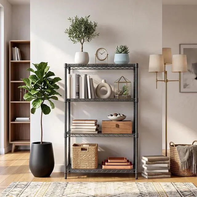 Alt view image 2 of 7 - M 4 Tiers Storage Shelves Load 2640 LBS, Metal Shelving Wire Metal Shelving Unit Shelves for Storage Adjustable Garage Shelving for Pantry Kitchen Garage Chrome 17.7X 35.5 x 59.4 inch
